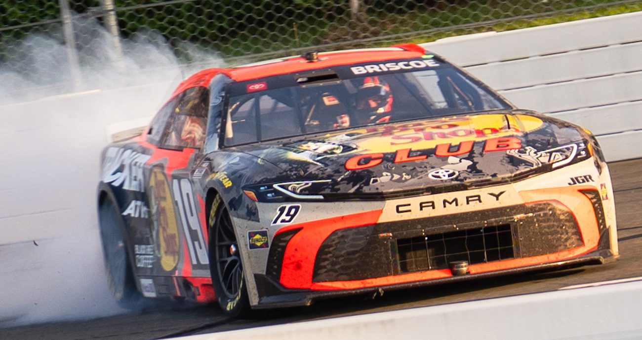 Chase Briscoe celebrates with a burnout after Pocono win.