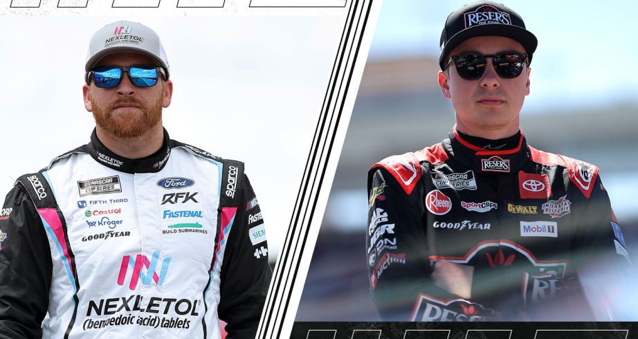 A split image of Chris Buescher (L) and Christopher Bell (R) looking on.
