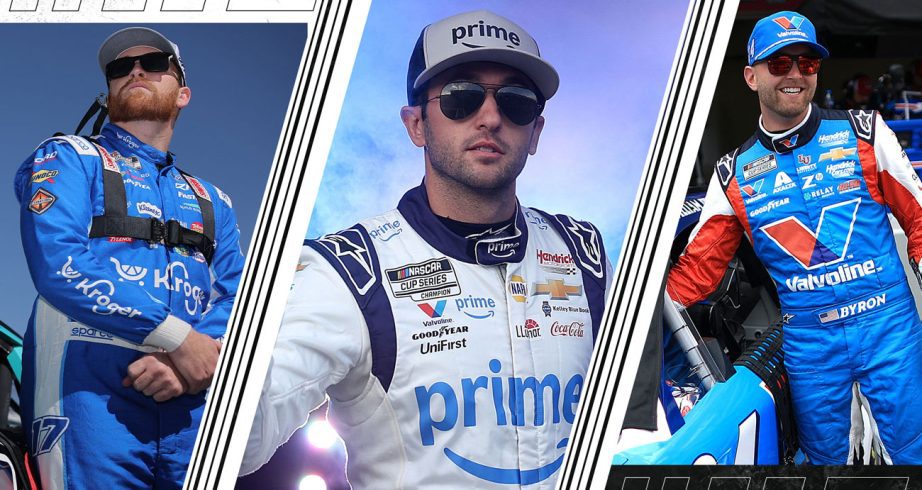 A split image depicting Chris Buescher (L), Chase Elliott (C) and William Byron (R).
