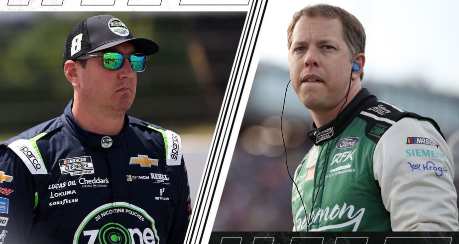 A split image depicting Kyle Busch (L) and Brad Keselowski (R).