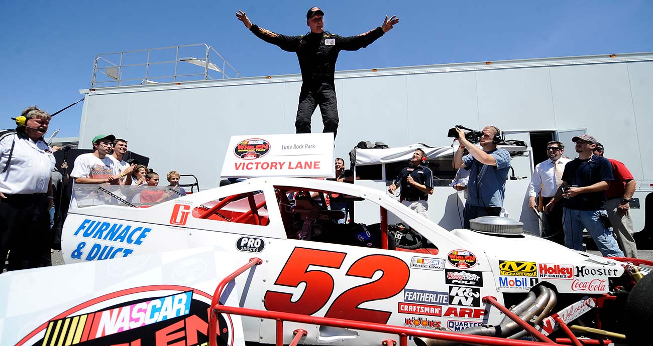 Dale Quarterley celebrates his NASCAR Whelen Modified Tour win at Lime Rock Park