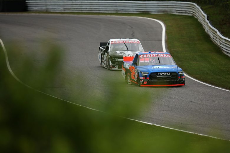 Stewart Friesen and Kaden Honeycutt drive at Lime Rock.