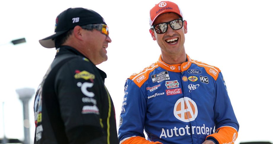 BJ McLeod and Joey Logano chat at EchoPark Speedway.