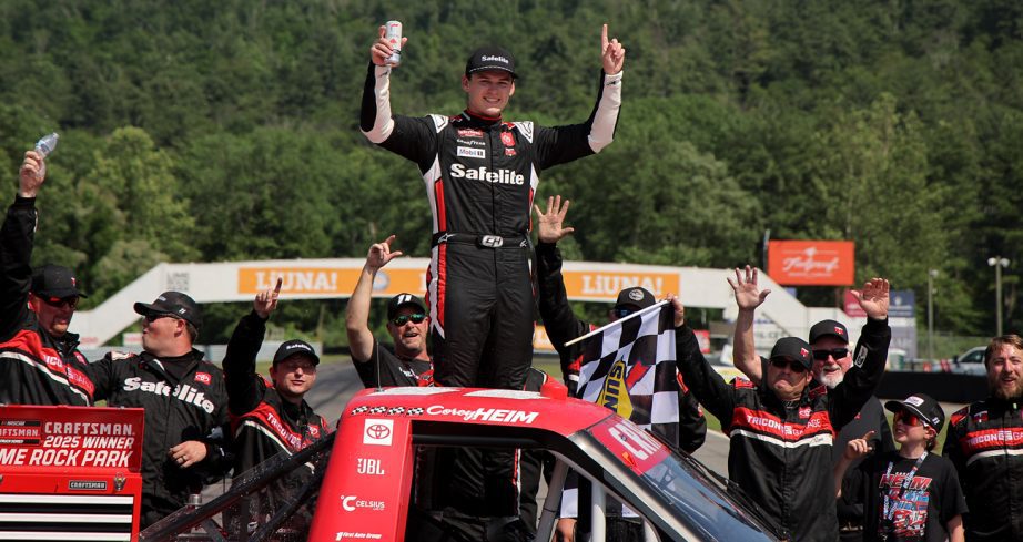 Corey Heim celebrates in Victory Lane after winning the NASCAR Craftsman Truck Series LiUNA! 150 at Lime Rock Park on June 28, 2025 in Lakeville, Connecticut.