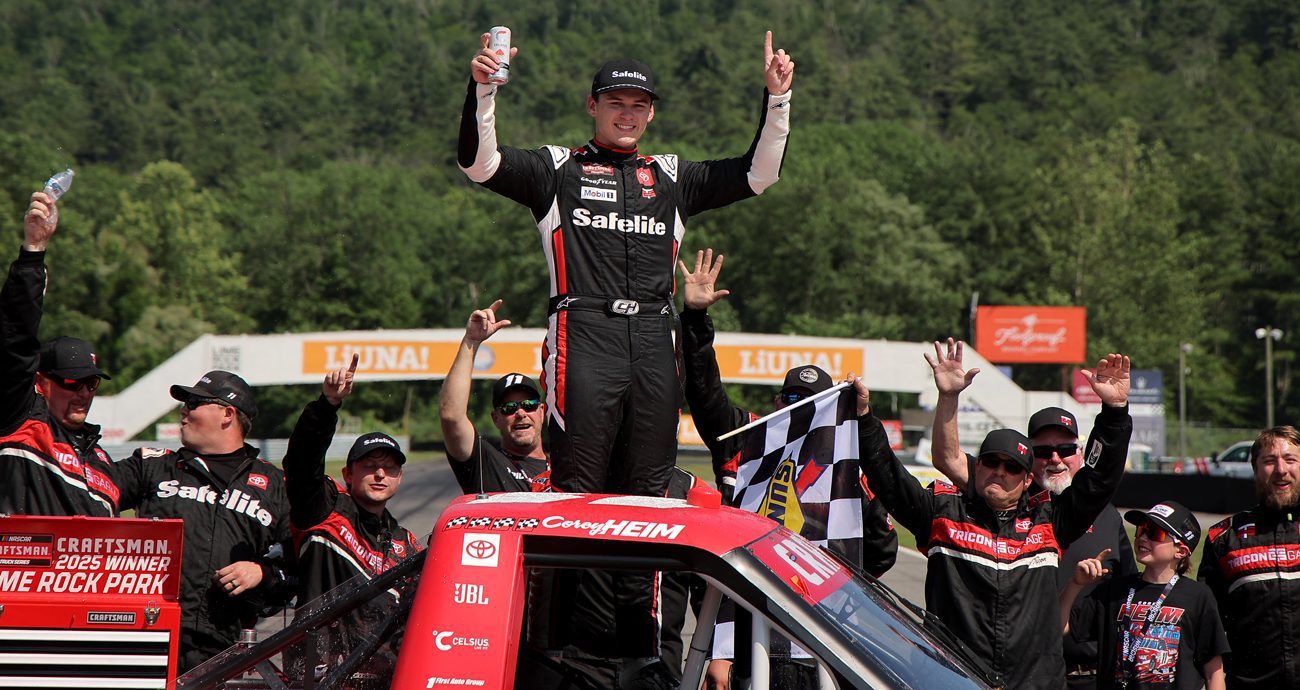 Corey Heim celebrates in Victory Lane after winning the NASCAR Craftsman Truck Series LiUNA! 150 at Lime Rock Park on June 28, 2025 in Lakeville, Connecticut.