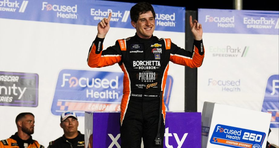 Nick Sanchez celebrates in Victory Lane at EchoPark Speedway.