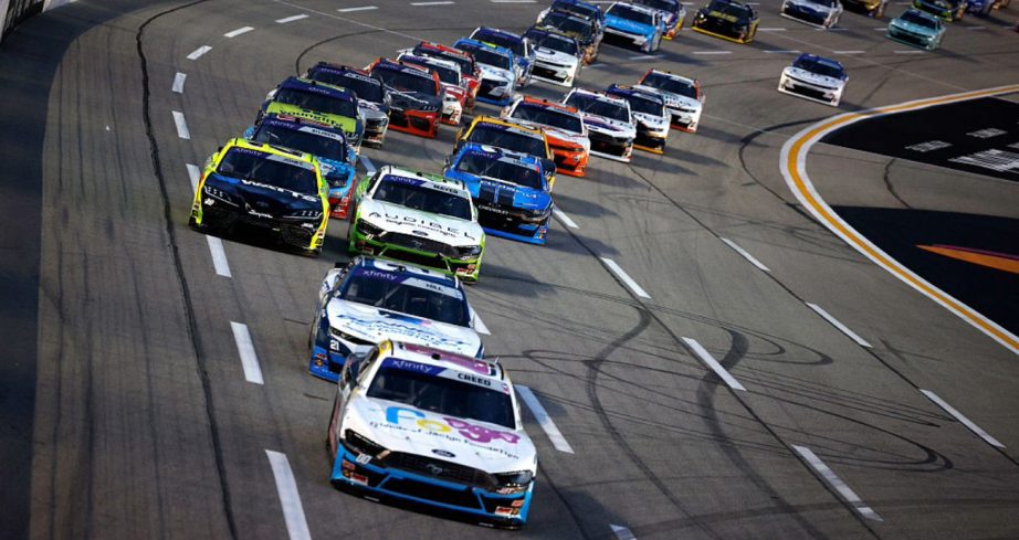 Sheldon Creed leads the pack at EchoPark Speedway.