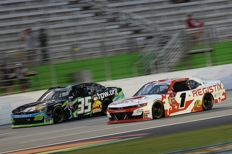 Joey Gase and Carson Kvapil race at EchoPark Speedway.