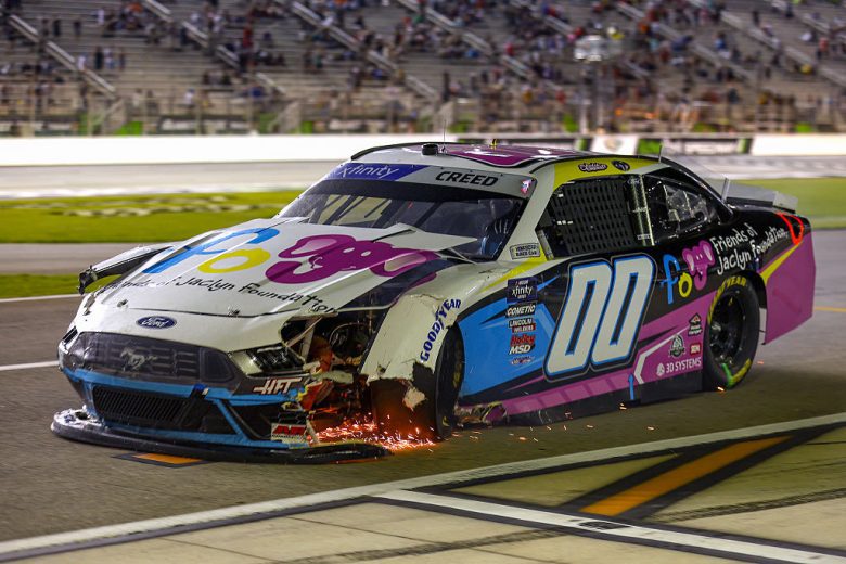 Sheldon Creed's damaged car at EchoPark Speedway.