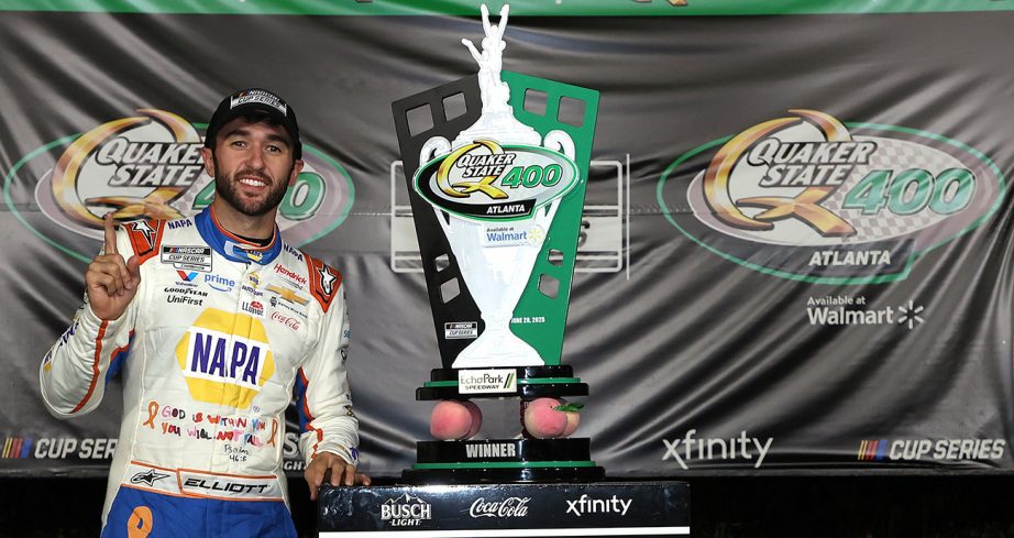 chase elliott celebrates his nascar cup series win at echopark speedway