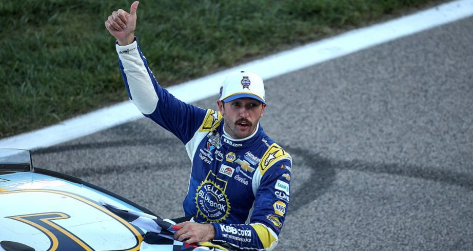 Chase Elliott celebrates after winning at Kansas.