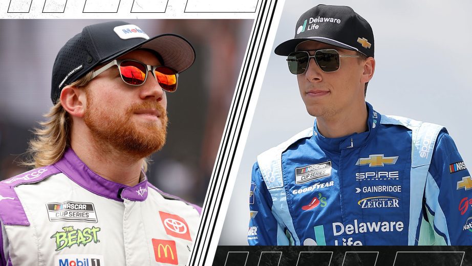 A split image depicting Tyler Reddick (L) and Carson Hocevar (R).