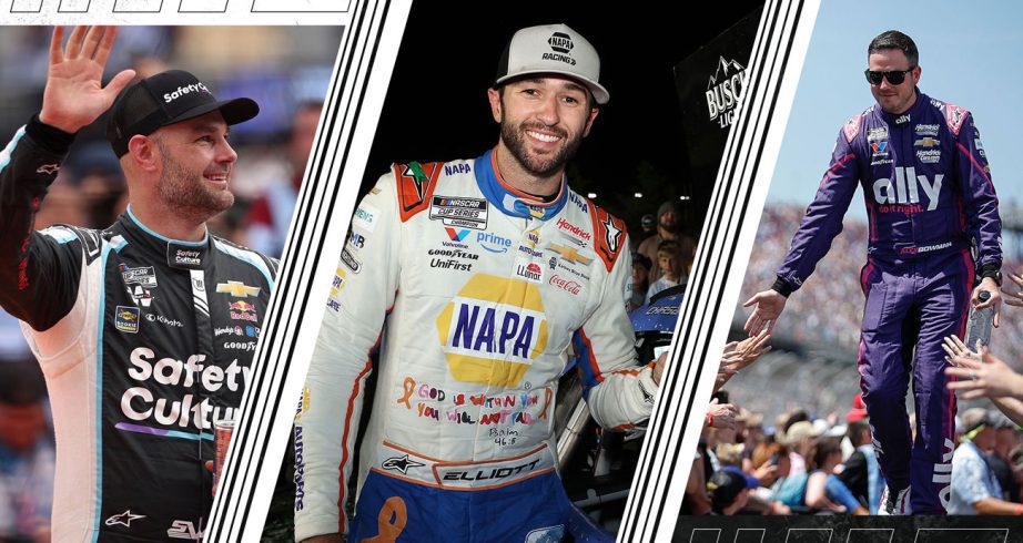 A split image depicting Shane van Gisbergen (L), Chase Elliott (C) and Alex Bowman (R)