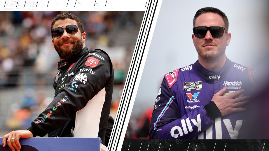 A split image depicting Bubba Wallace (L) and Alex Bowman (R).