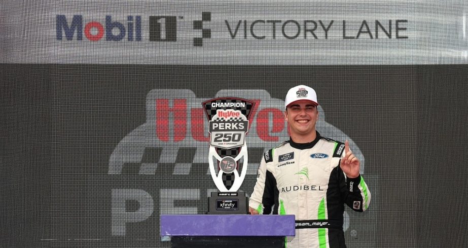 Sam Mayer celebrates in Victory Lane at Iowa.