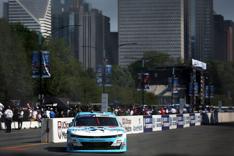 Brad Perez drives at Chicago.