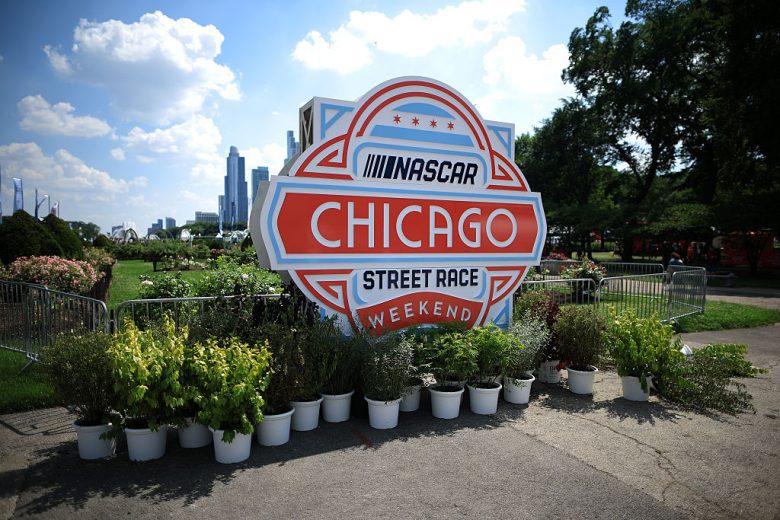 A general view of the NASCAR Chicago sign.