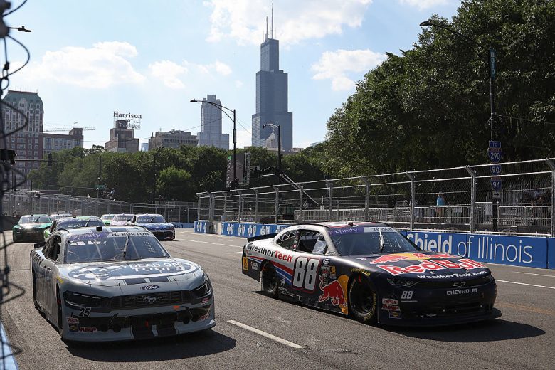 Connor Zilisch and Harrison Burton race at Chicago.