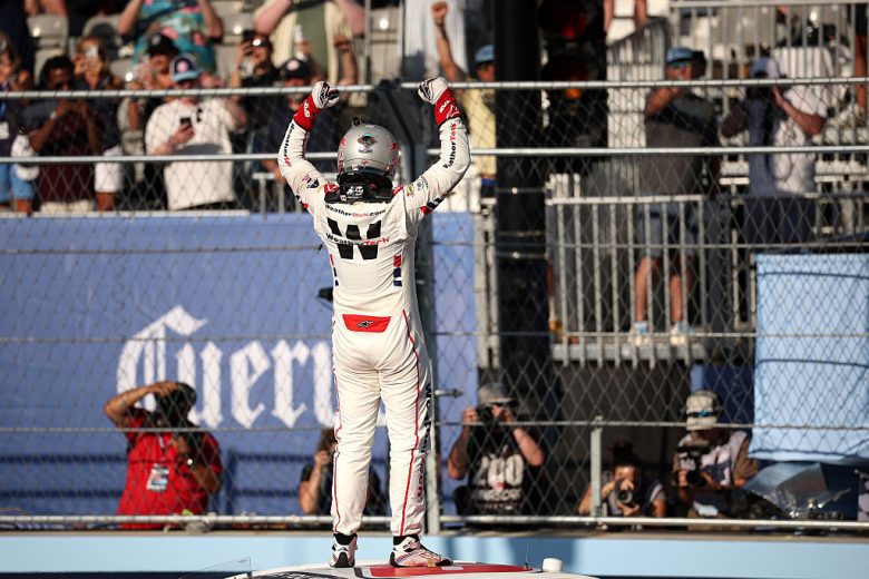 Shane van Gisbergen celebrates after winning at Chicago.
