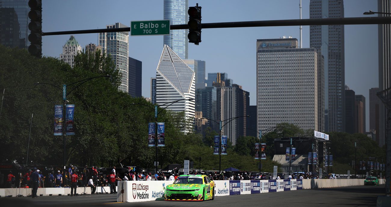 Brennan Poole races in the No. 44 Alpha Prime Racing Chevrolet during a NASCAR Xfinity Series race at the Chicago Street Course.