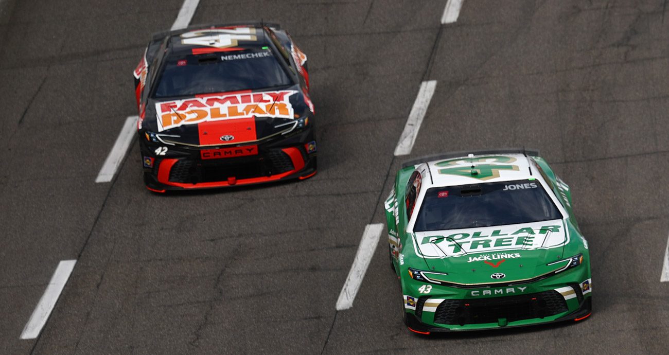 Legacy teammates Erik Jones and John Hunter Nemechek race against each other.