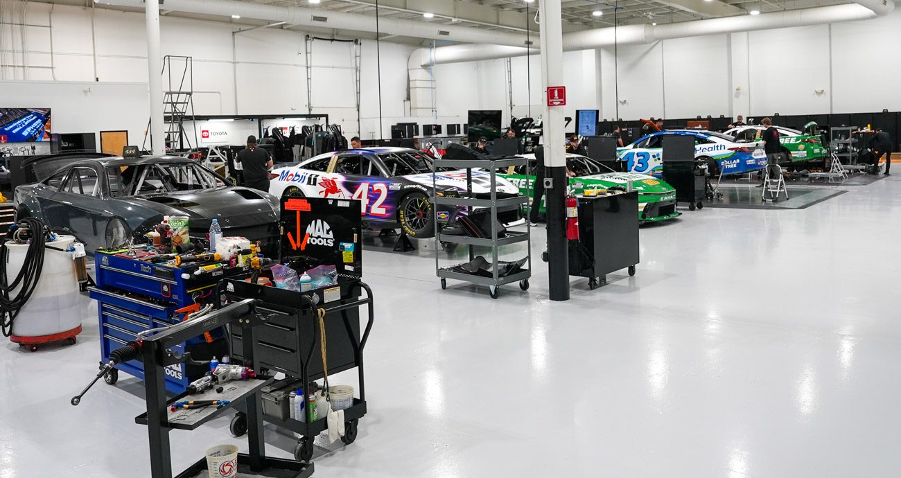 Inside Legacy Motor Club and its race shop.
