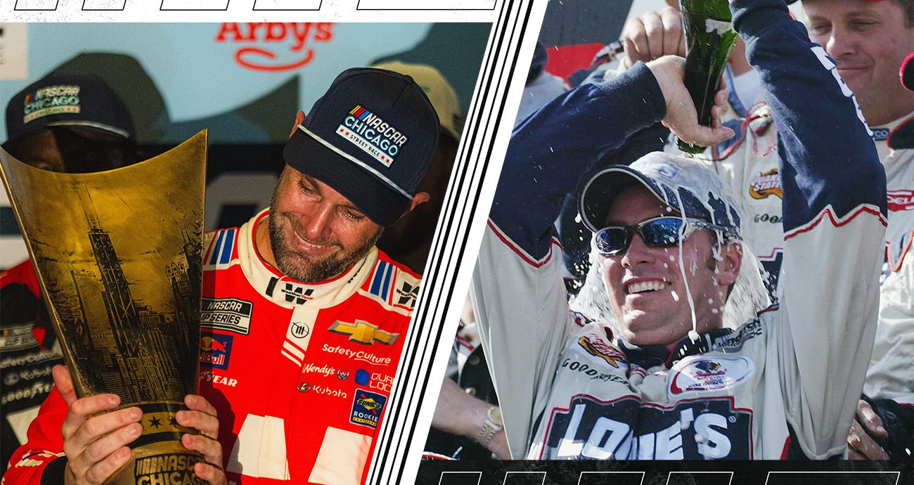 A split graphic of Shane van Gisbergen (L) and Jimmie Johnson (R).