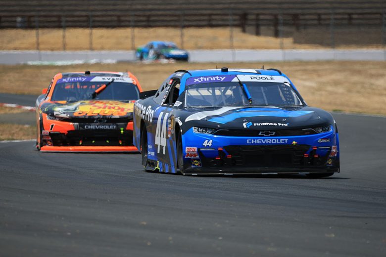 Brennan Poole and Carson Kvapil drive at Sonoma.