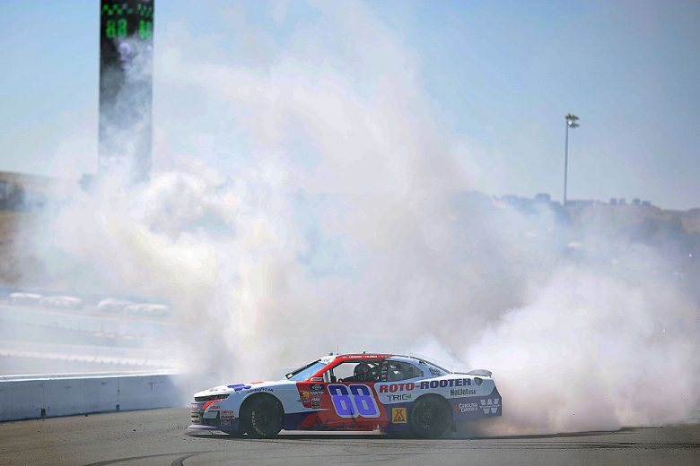Connor Zilisch celebrates with a burnout at Sonoma.