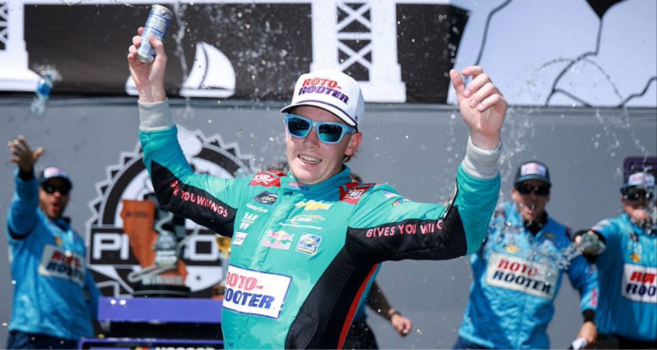 Connor Zilisch celebrates in Victory Lane at Sonoma.