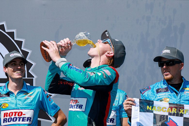 Connor Zilisch celebrates in Victory Lane at Sonoma.
