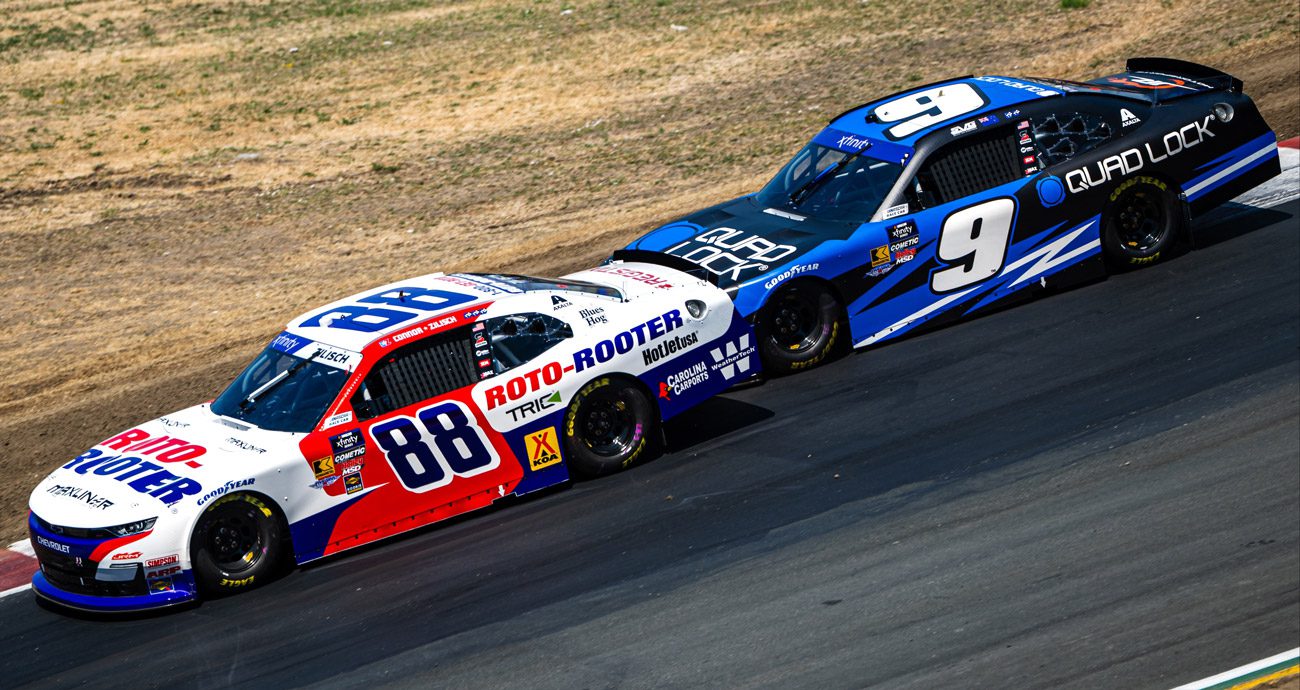 Connor Zilisch and Shane van Gisbergen race in the Xfinity Series at Sonoma.