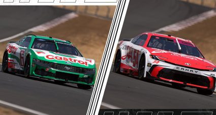 Nos. 6, 54 crews tussle on pit road during green-flag stops at Sonoma