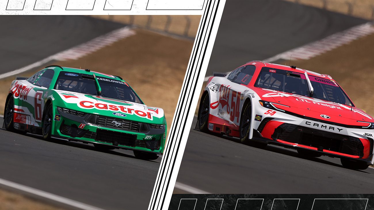 Nos. 6, 54 crews tussle on pit road during green-flag stops at Sonoma