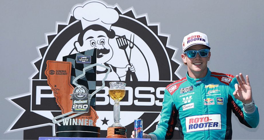 Connor Zilisch celebrates in Victory Lane at Sonoma.
