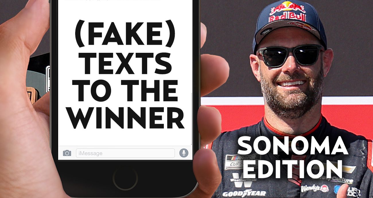 A graphic depicting a mobile phone in front of a picture of Shane van Gisbergen following his NASCAR Cup Series win at Sonoma Raceway.