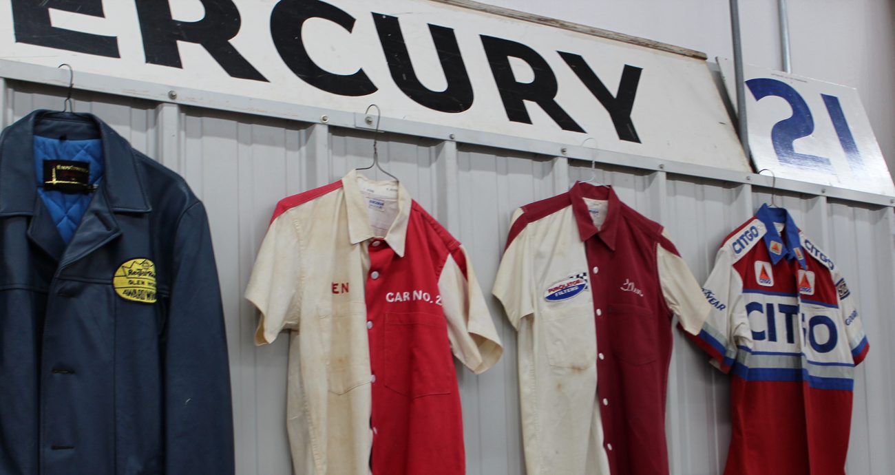 Glen Wood's uniforms hang at the Wood Brothers Racing Museum in Stuart, Virginia.
