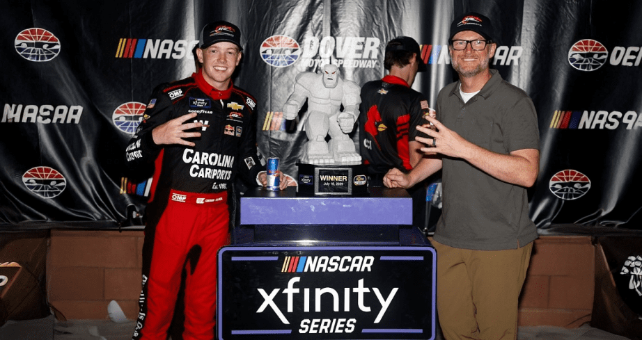 Connor Zilisch and Dale Earnhardt Jr. celebrate in Victory Lane at Dover.