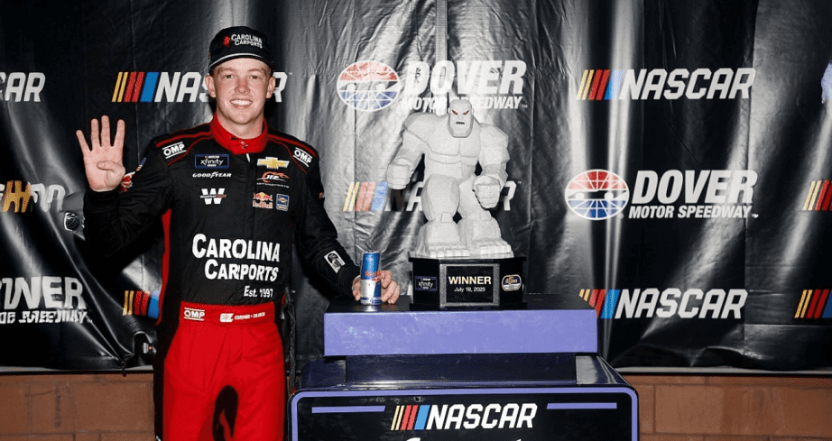 Connor Zilisch celebrates in Victory Lane at Dover.