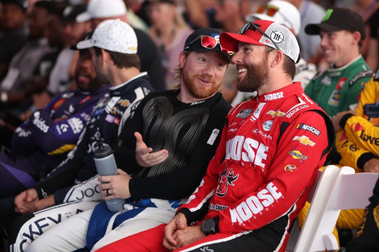 Ross Chastain(right) and Tyler Reddick (left) talk during the drivers meeting