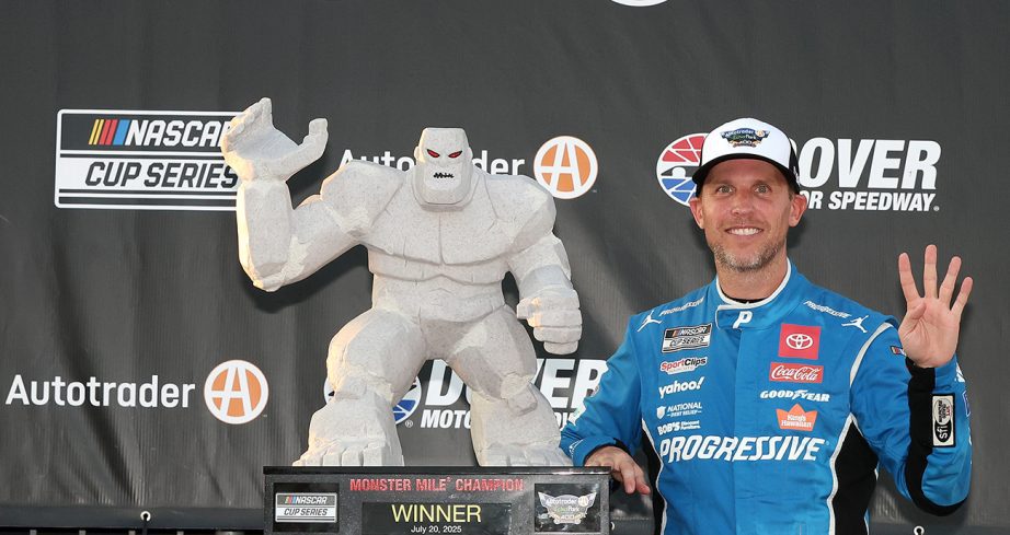 denny hamlin celebrates his nascar cup series win at dover