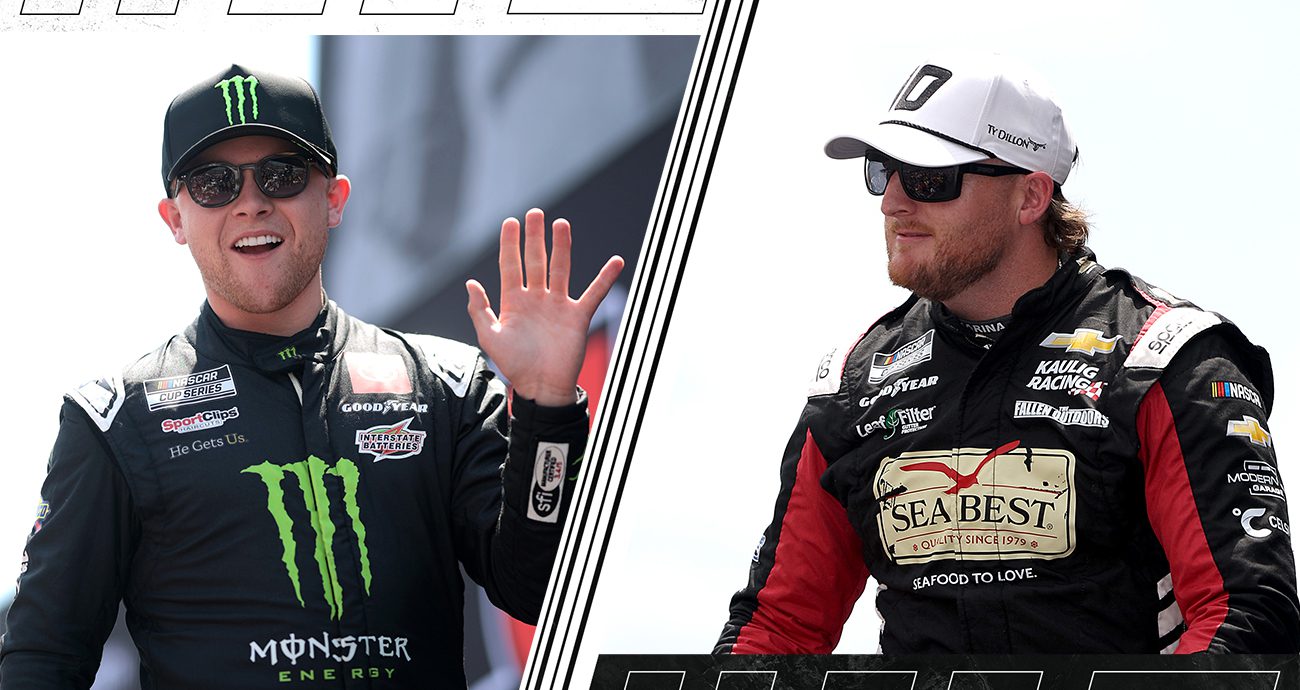 Split graphic of Ty Gibbs and Ty Dillon looking on during driver intros at Dover.