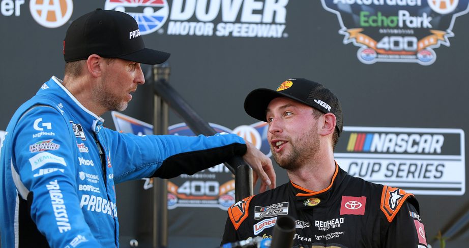 Denny Hamlin talks with Chase Briscoe in Victory Lane at Dover.