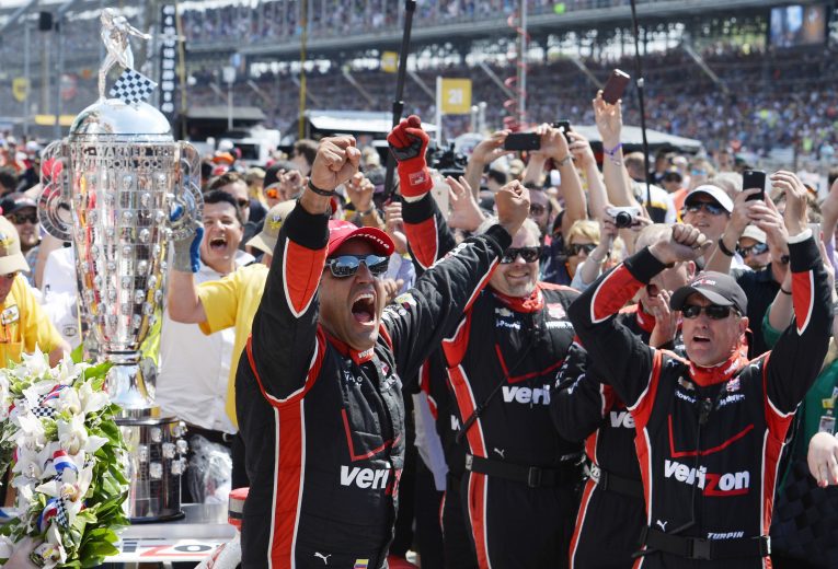 Juan Pablo Montoya celebrates his Indianapolis 500 win.