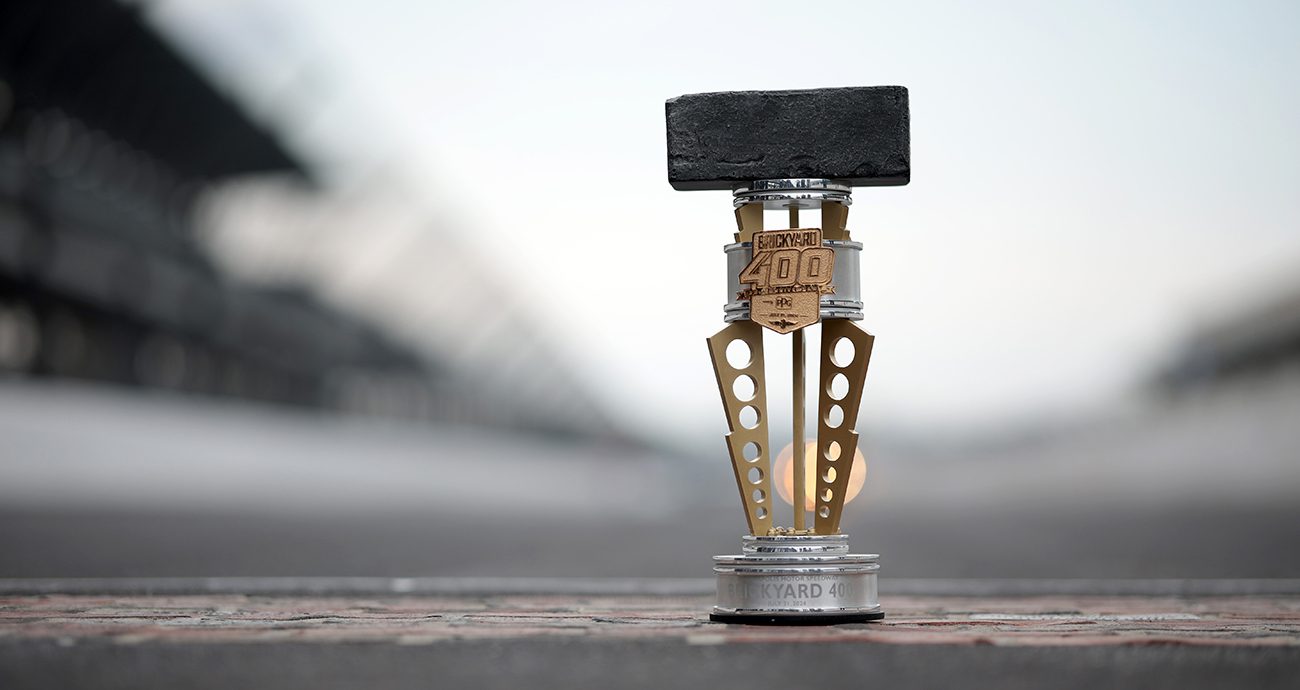 View of the Brickyard 400 trophy sitting in the yard of bricks at Indy.