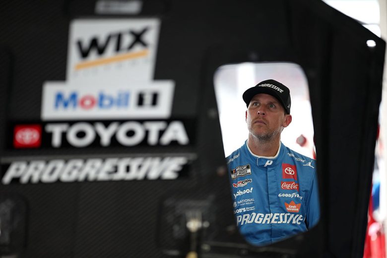 Denny Hamlin looks on at Indianapolis.