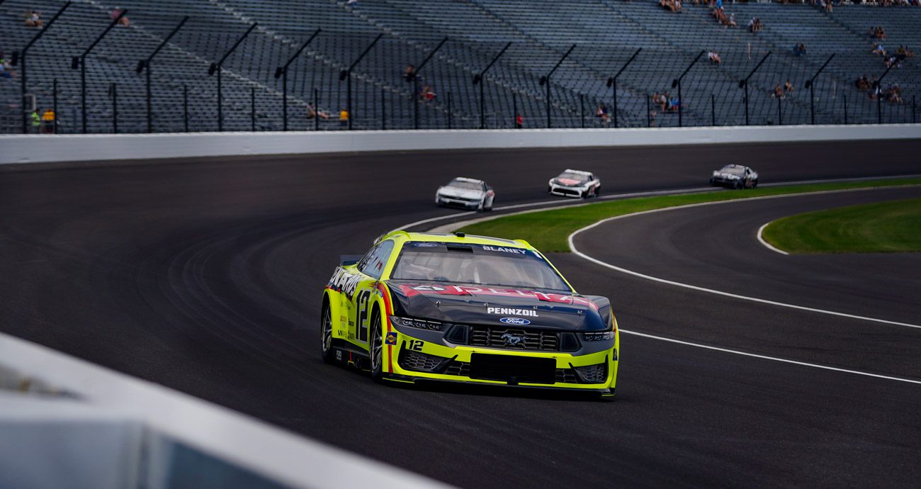 Ryan Blaney drives in Brickyard 400 practice.