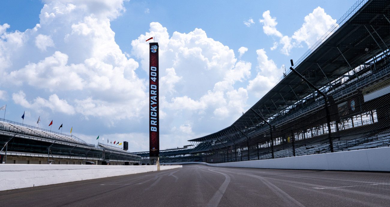 General view of frontstretch pylon and grandstands for Brickyard 400.