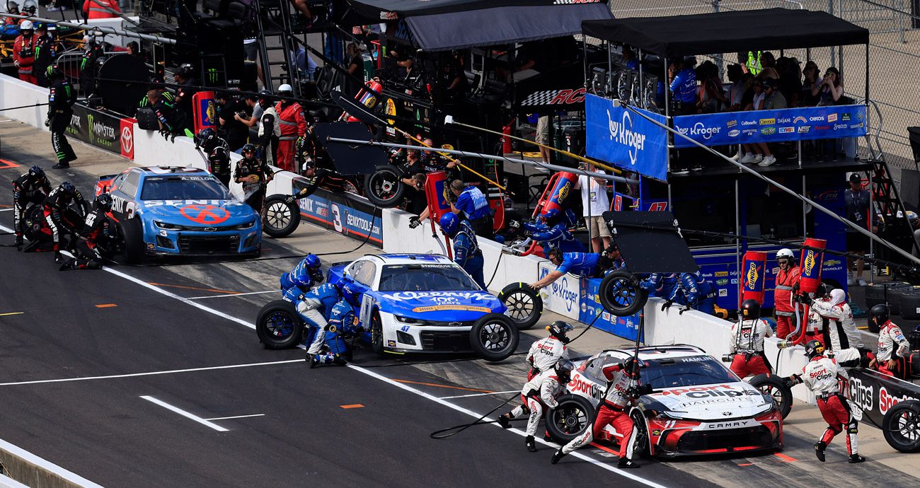 NASCAR pit stops during the Brickyard 400.
