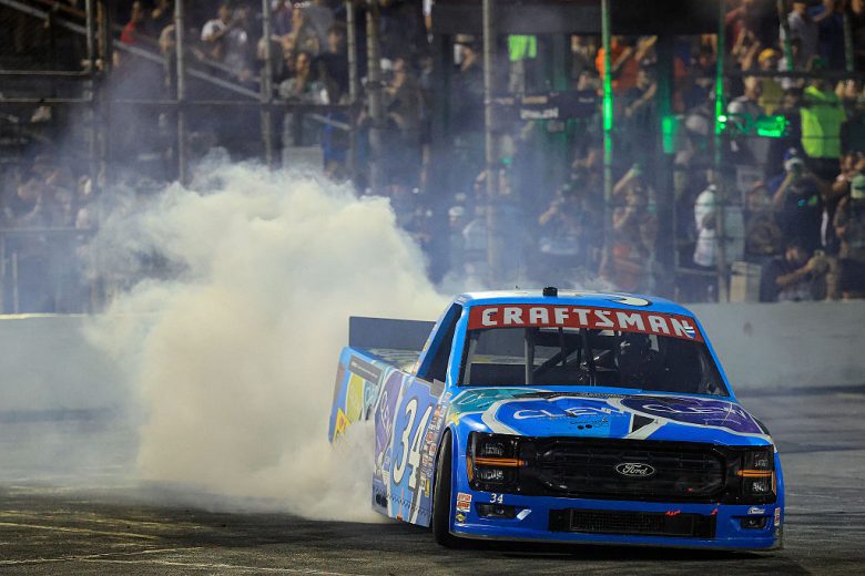 Layne Riggs does a burnout after winning at IRP.